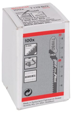 Bosch Professional Jigsaw Blades T 119 Bo, For Cuve Cuts, Blade Length 83Mm, Suitable For Softwood(2-15 Mm), Ply, Chipboard, Wood Core Ply, Fibre Boards, Pack Of 100